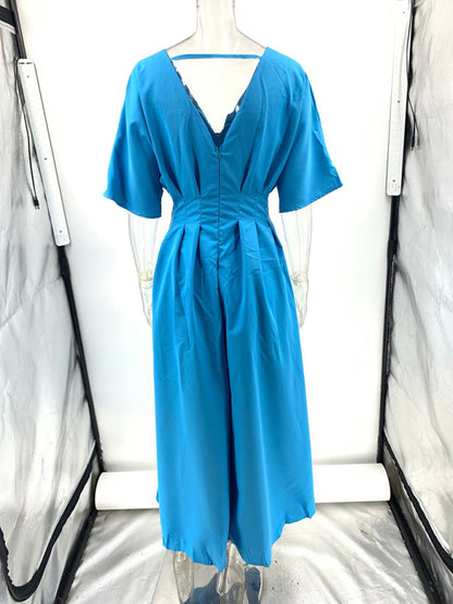 New Blue V-neck Pleated Maxi Dress Loose Elegant Dress