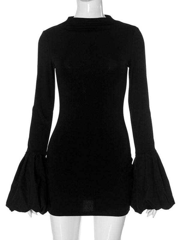 Women's round neck long sleeve puff sleeve dress