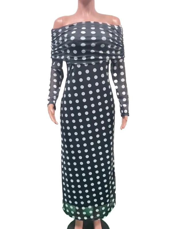 Gauze Polka Dot Splicing One Shoulder Sexy Slim Dress