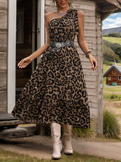 New A-line leopard print dress one-shoulder tie dress (without belt)