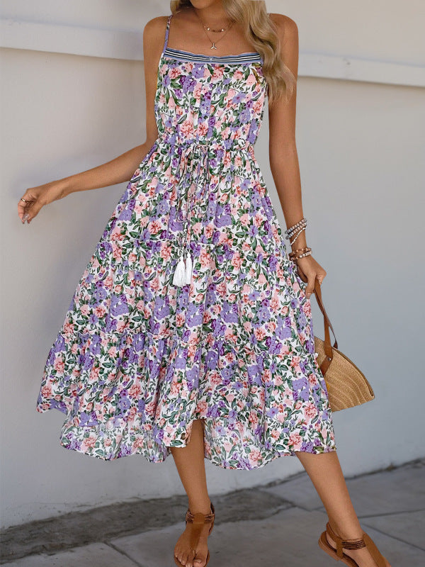 New style suspender skirt pleated printed ruffle dress