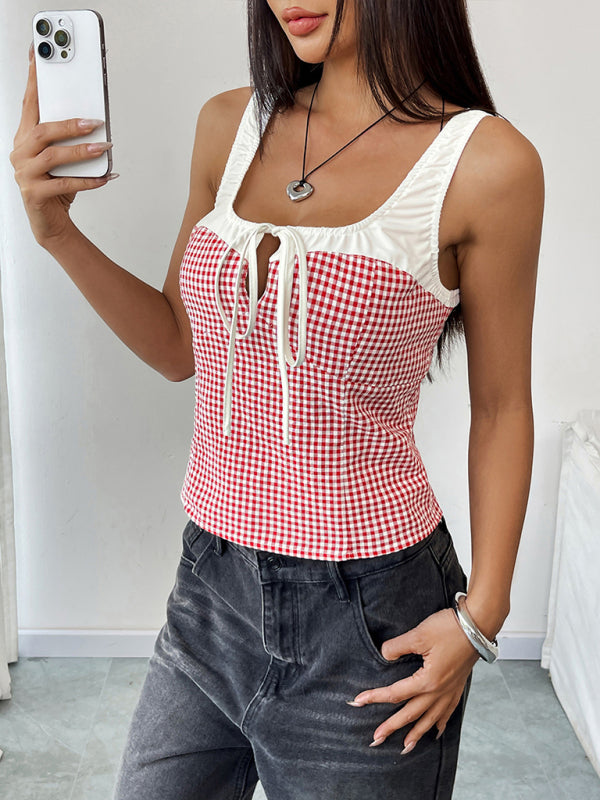 Contrast color plaid lace-up hollow sweet hot girl slim vest camisole