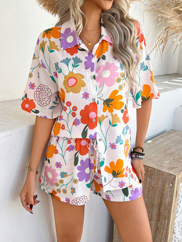 Pompeii print casual holiday style floral contrast color cardigan short pants set