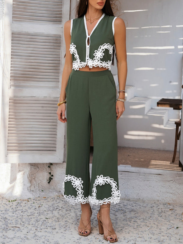 Holiday-inspired Bohemian geometric contrast trouser suit