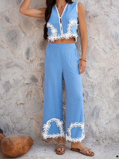 Holiday-inspired Bohemian geometric contrast trouser suit