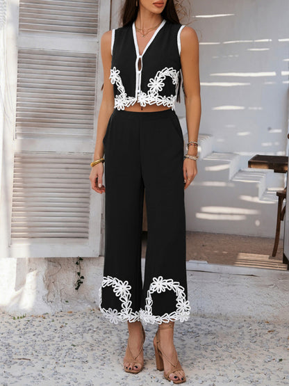 Holiday-inspired Bohemian geometric contrast trouser suit