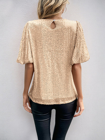 Puff Sleeve Round Neck Solid Color Sequin T-Shirt