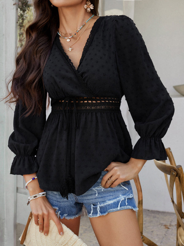 Casual holiday style V-neck solid color tie waist top shirt