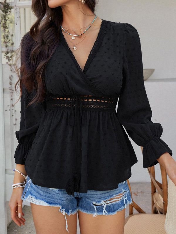 Casual holiday style V-neck solid color tie waist top shirt