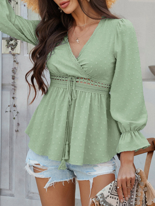 Casual holiday style V-neck solid color tie waist top shirt