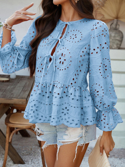 Vacation Loose Lace-up Cardigan Solid Color Hollow Top