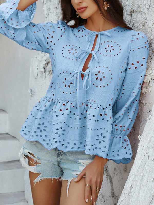 Vacation Loose Lace-up Cardigan Solid Color Hollow Top