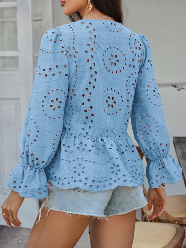 Vacation Loose Lace-up Cardigan Solid Color Hollow Top