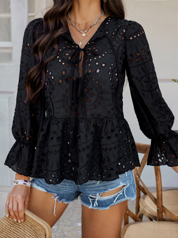 Vacation Loose Lace-up Cardigan Solid Color Hollow Top