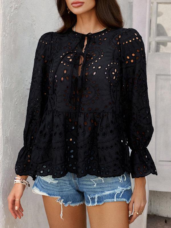 Vacation Loose Lace-up Cardigan Solid Color Hollow Top