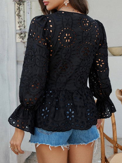 Vacation Loose Lace-up Cardigan Solid Color Hollow Top