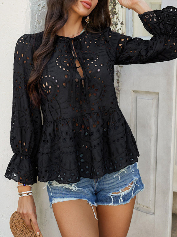 Vacation Loose Lace-up Cardigan Solid Color Hollow Top