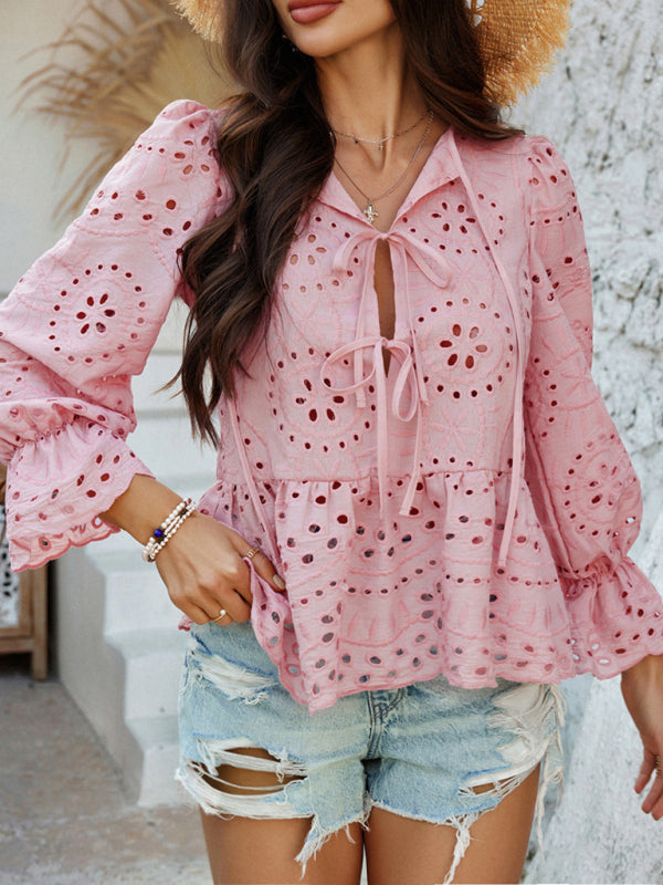 Vacation Loose Lace-up Cardigan Solid Color Hollow Top