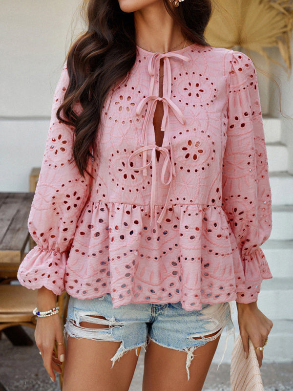 Vacation Loose Lace-up Cardigan Solid Color Hollow Top