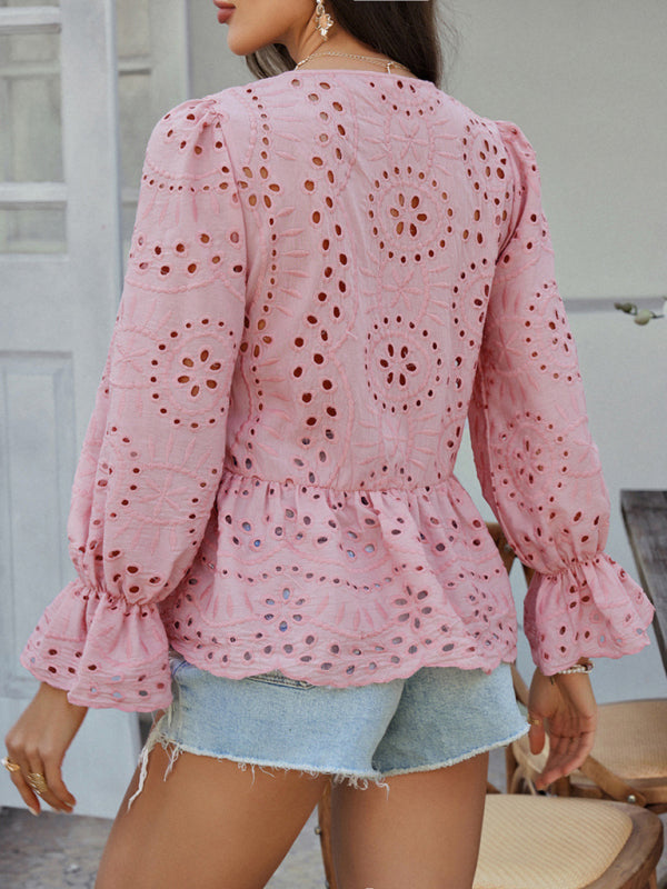 Vacation Loose Lace-up Cardigan Solid Color Hollow Top