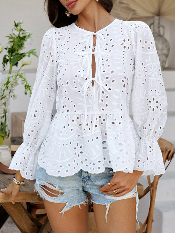 Vacation Loose Lace-up Cardigan Solid Color Hollow Top