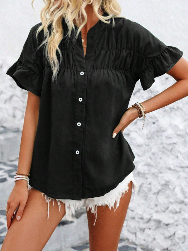 Casual short-sleeved gathered shirt solid color stand collar shirt