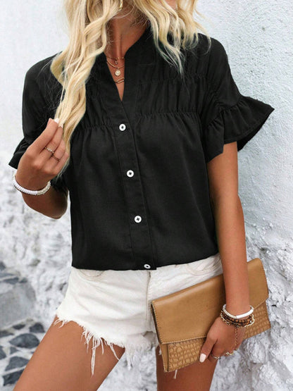 Casual short-sleeved gathered shirt solid color stand collar shirt