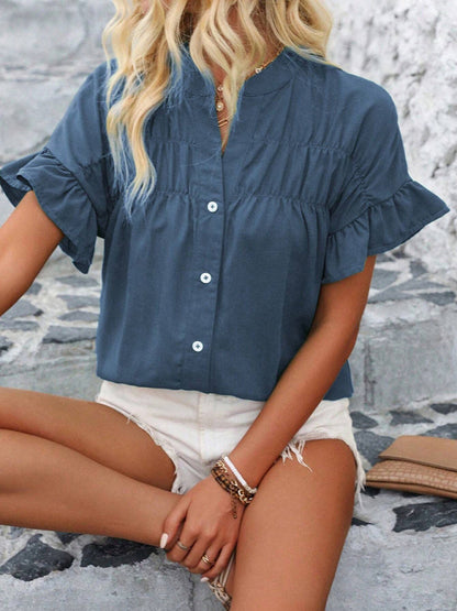 Casual short-sleeved gathered shirt solid color stand collar shirt