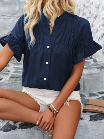 Casual short-sleeved gathered shirt solid color stand collar shirt