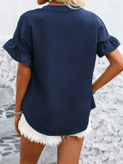 Casual short-sleeved gathered shirt solid color stand collar shirt