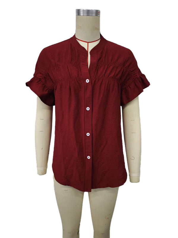 Casual short-sleeved gathered shirt solid color stand collar shirt