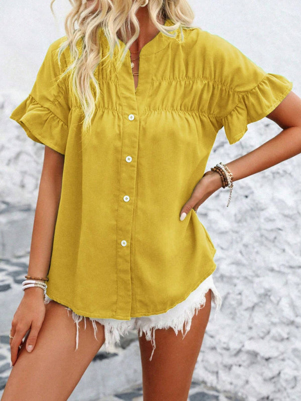 Casual short-sleeved gathered shirt solid color stand collar shirt