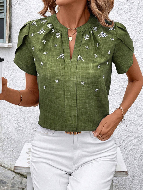 Half-open collar short-sleeved shoulder wrinkled pullover solid color printed shirt