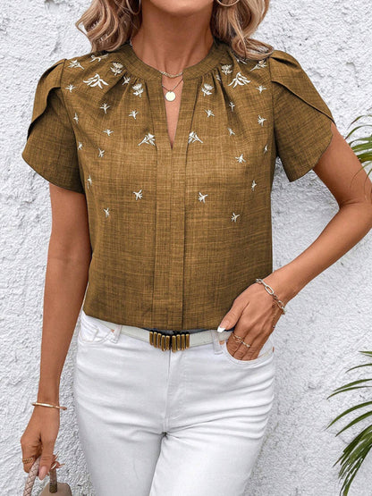 Half-open collar short-sleeved shoulder wrinkled pullover solid color printed shirt