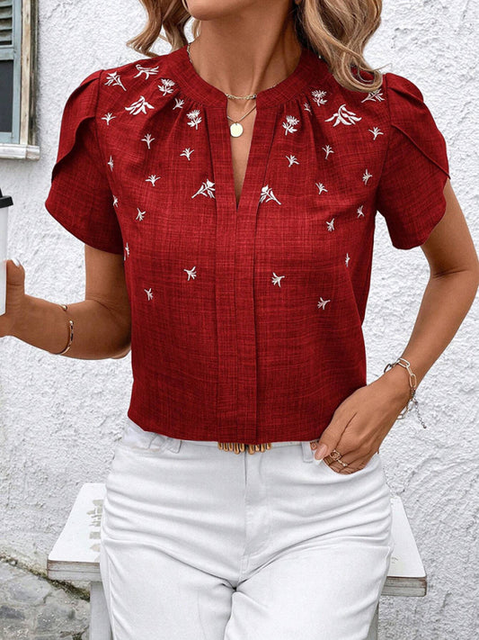 Half-open collar short-sleeved shoulder wrinkled pullover solid color printed shirt