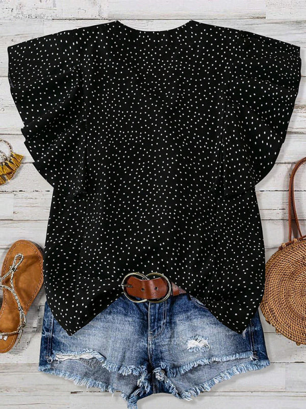 Princess sleeve V-neck polka dot loose button pleated top