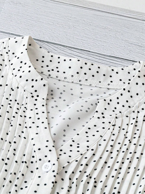 Princess sleeve V-neck polka dot loose button pleated top