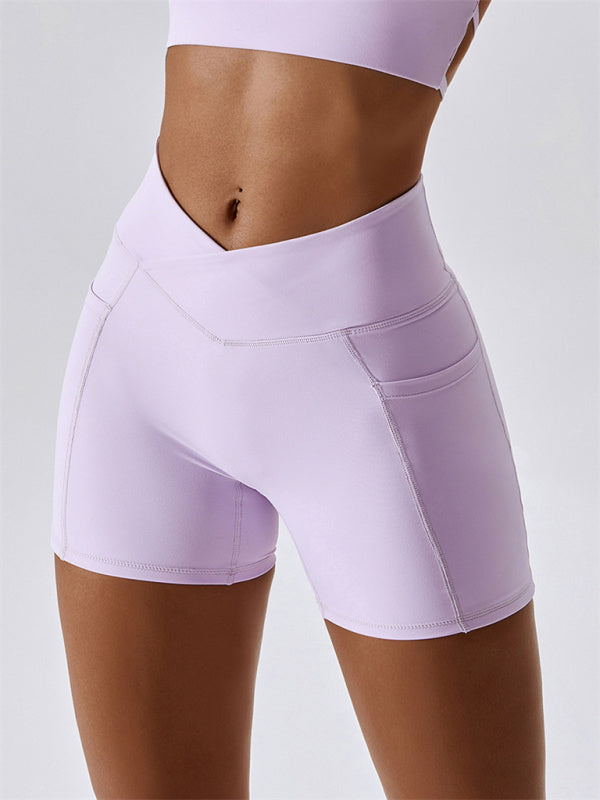 Women's Naked Hip Pocket Crossover Waist Leggings Sports Shorts