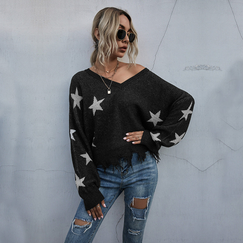 Women's Star Pattern V-Neck Fringe Women's Knit Sweater