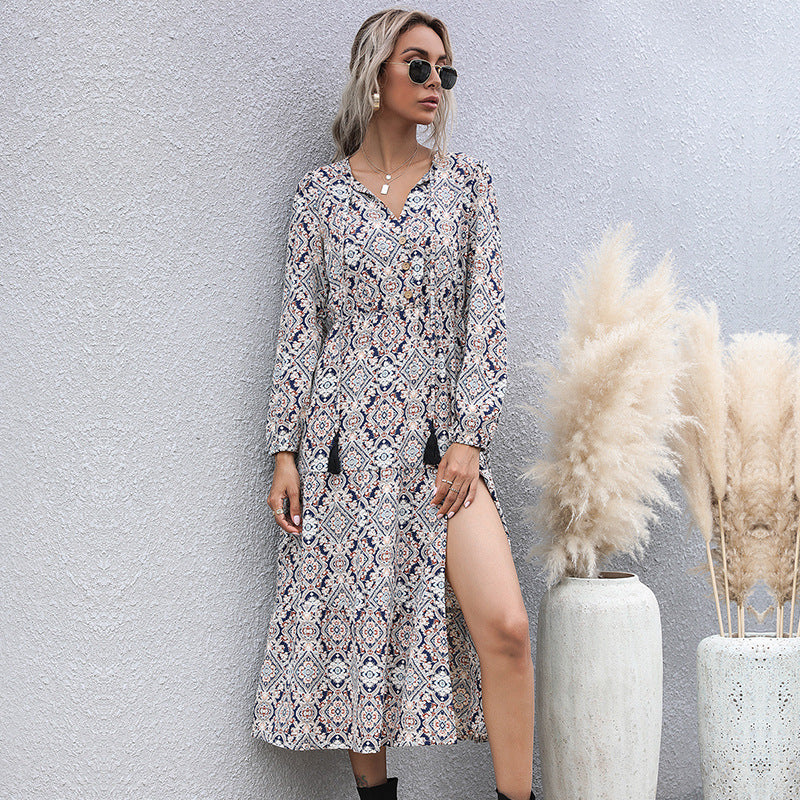 Geometric Print Long Sleeve Midi Dress