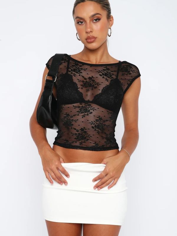 Sexy Lace Mesh Backless Top for Women Sheer See-through T-shirt