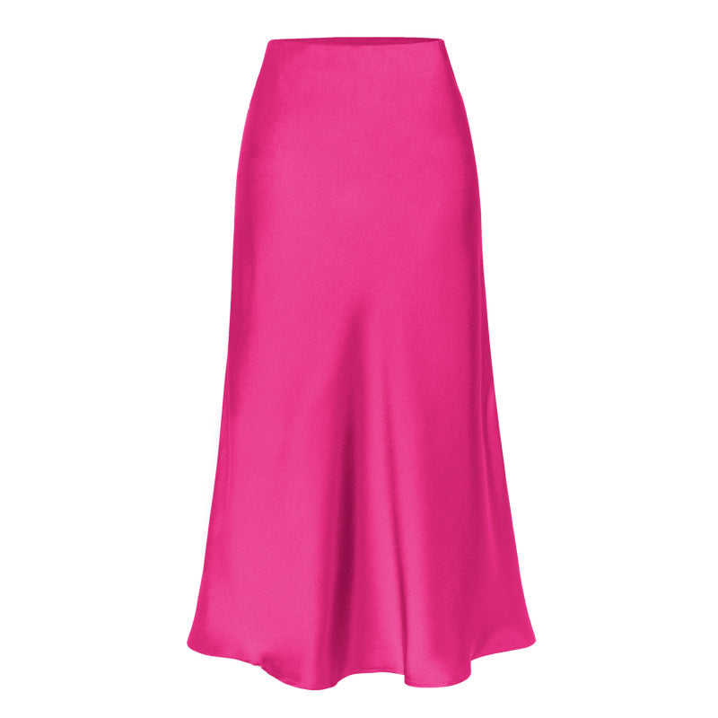 Satin High Waist Solid Color Split Midi Skirt