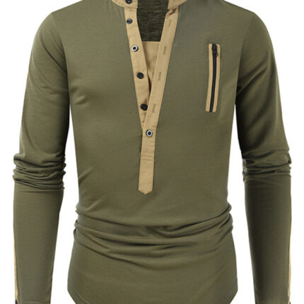 Men's New Outdoor Tactical Zipper Colorblock Henley Collar Long Sleeve T-Shirt