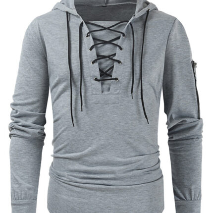 Men's new solid color lace-up sports casual pullover hooded sweatshirt