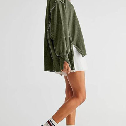 Women's round neck loose side slit long sleeve sweatshirt