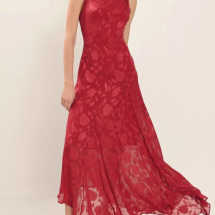 Lace backless slim fit jacquard red irregular dress