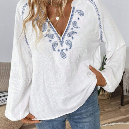 Ethnic style fashionable casual V-neck embroidered cotton top