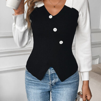 New contrast color stitching V-neck sweater