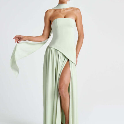 Green tube top solid color open back slit dress
