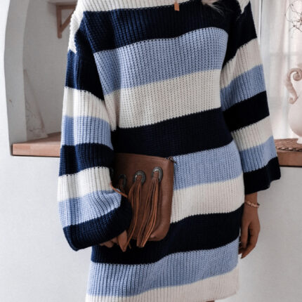 Women's straight neck off shoulder loose contrast striped knitted wool dress